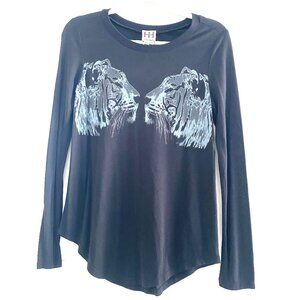 NWT Haute Hippie Long Sleeve Tee Women's Black w/Blue Tiger Print XS